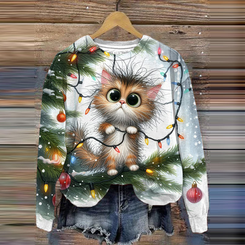 Christmas Cat Print Crew Neck Casual Sweatshirt elevenforest
