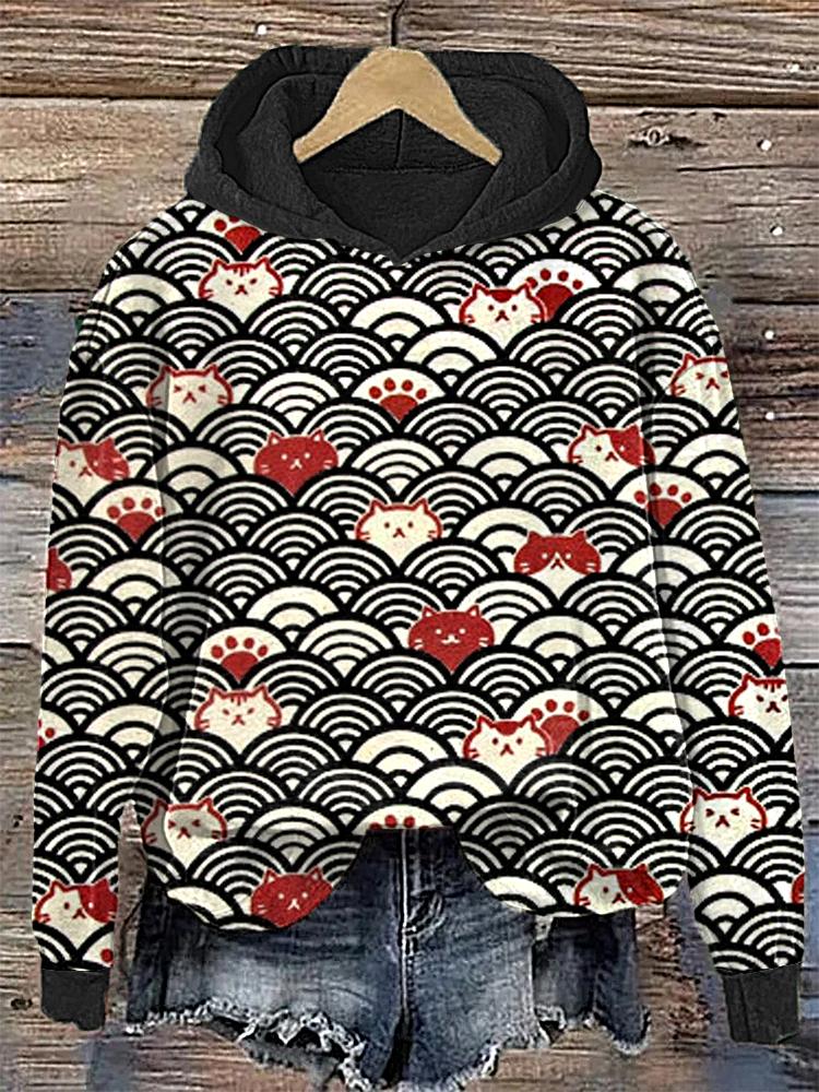 Cat Faces and Waves Japanese Art Print Cotton Cozy Hoodie elevenforest