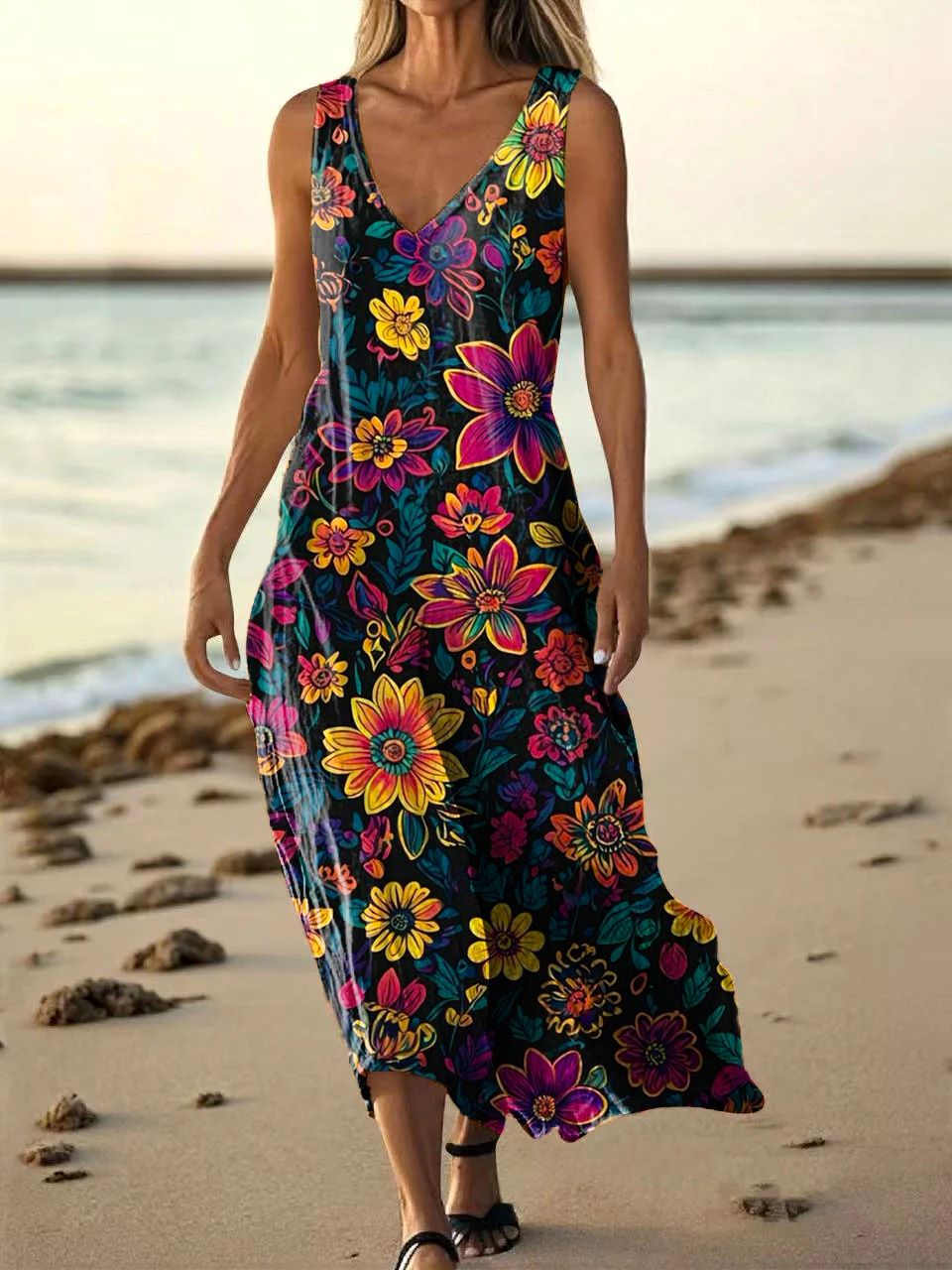 Women's Floral Art Print Pocket Cotton Dresses