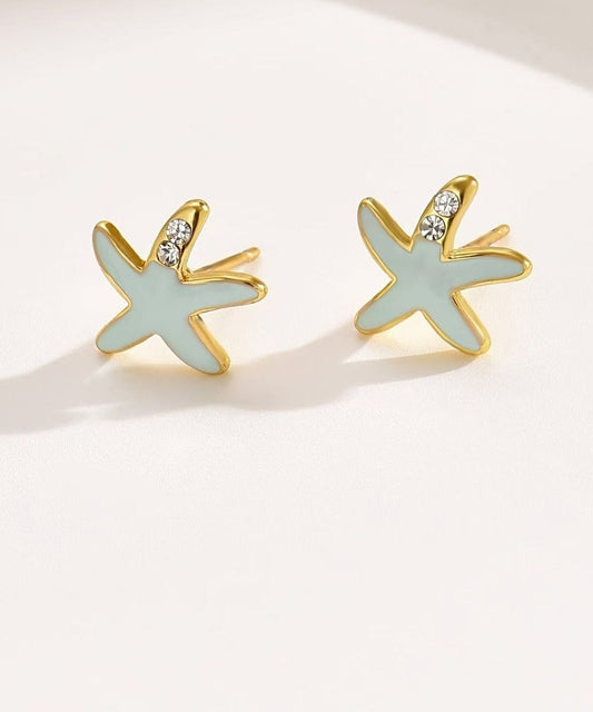 Diy Blue Copper Alloy Zircon Starfish Shell Stud Earrings