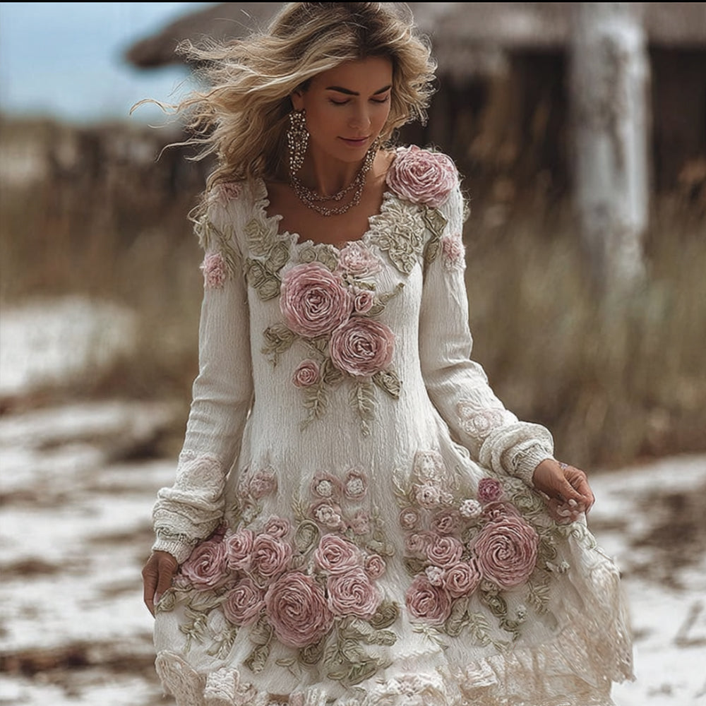 Women's Vintage Romantic Floral White Long-sleeved Dress artswardrobe