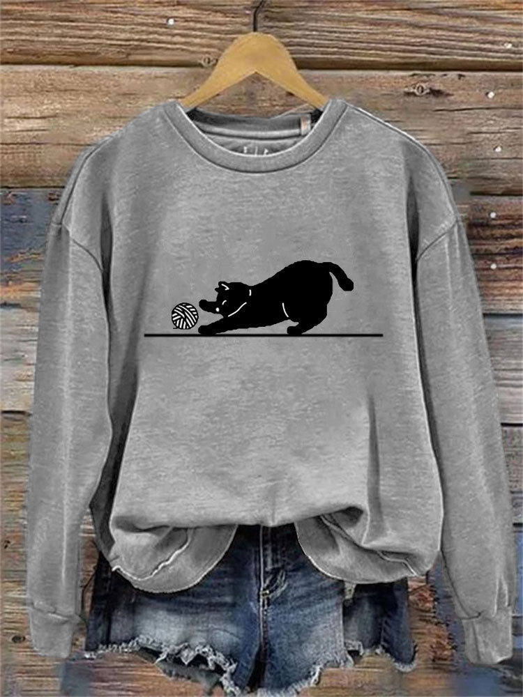 Women's Casual Funny Black Cat Print Sweatshirt elevenforest