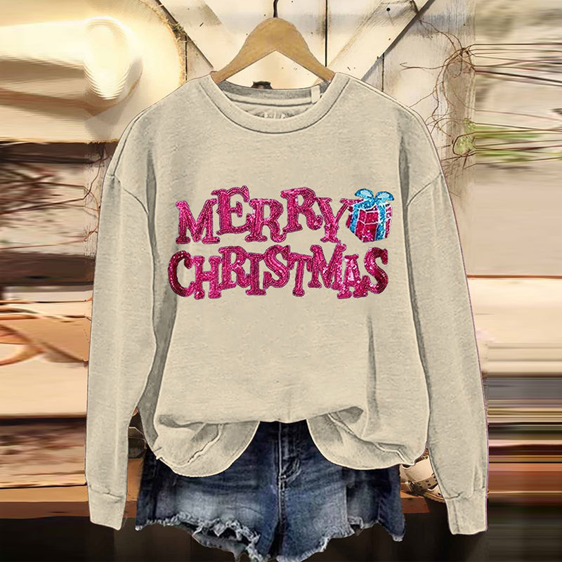 Comstylish Merry Christmas Embroidered Crew Neck Sweatshirt