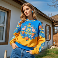Comstylish Ukraine Floral Embroidered Crew Neck Casual Sweatshirt