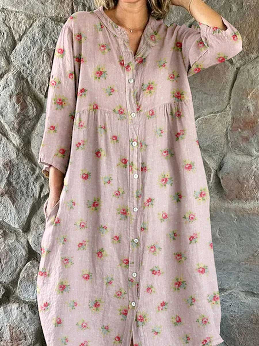Women's Elegant Floral Pattern Shirt Style Cotton and Linen Dress