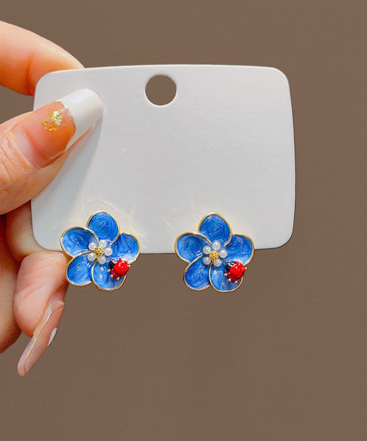 Simple Blue Alloy Pearl Oil Drip Seven Starred Ladybird Stud Earrings