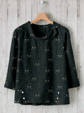 Cute Cat Face Pattern Linen Blend Cozy Tunic elevenforest