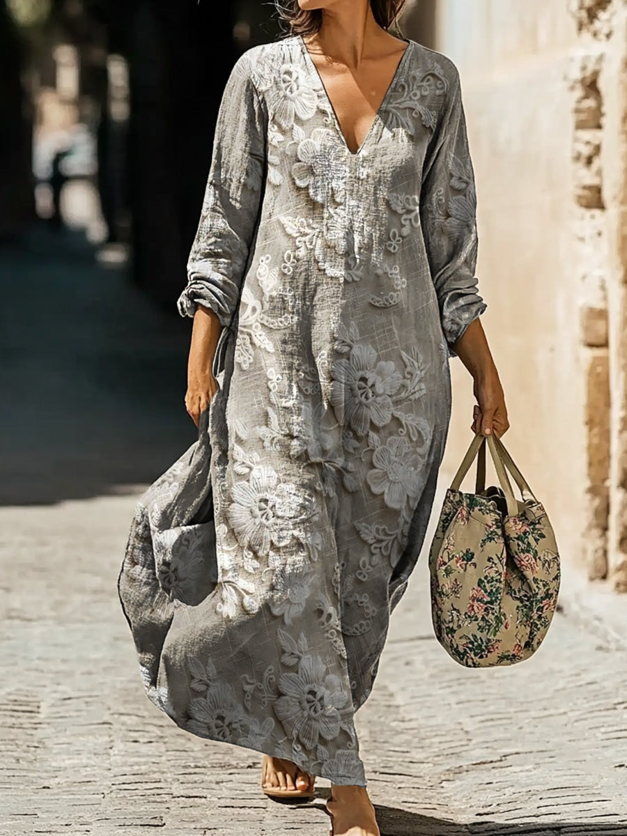 Women's Vintage Floral Texture Art Print Pocket Cotton Dress