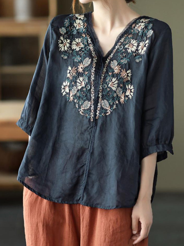 Comstylish Women's Casual Retro Ethnic Embroidery Cotton Shirt