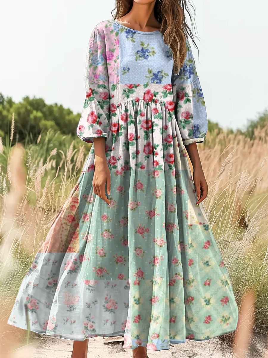 Women's Vintage Floral Patchwork Art Print Flowy Cotton Crew Neck Dres