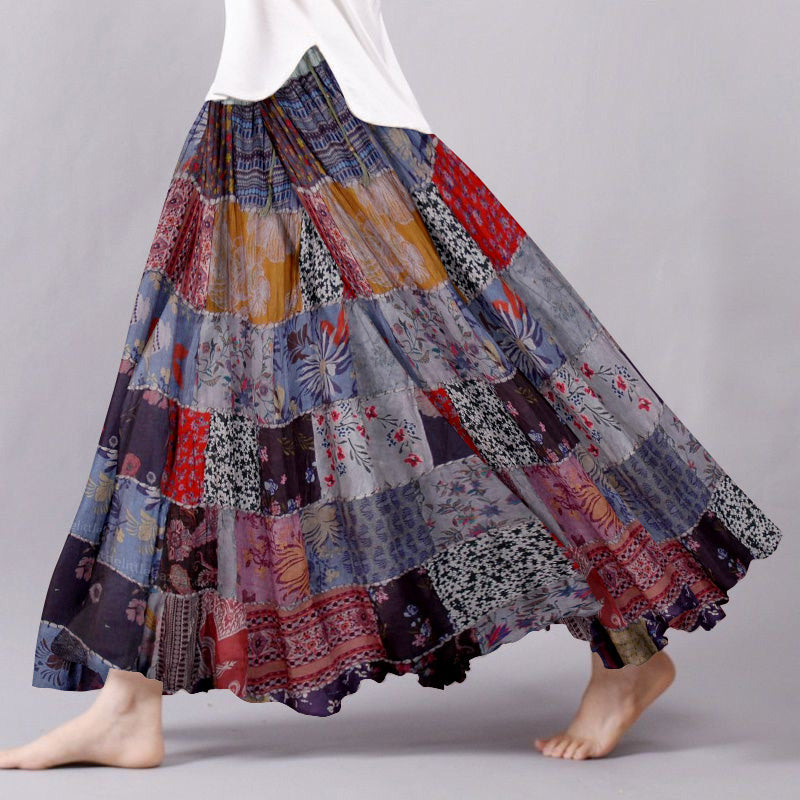 Vintage Floral Patchwork Pattern Flowy Wide Skirt artswardrobe