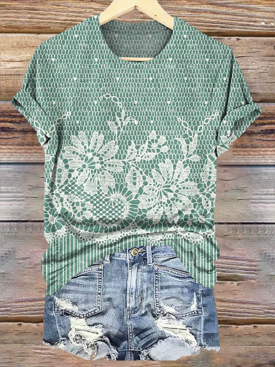 Women's Floral Faux Lace Art Print Crew Neck T-Shirt