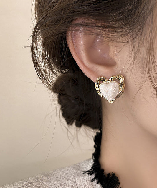 White Copper Overgild Drip Glaze Love Stud Earrings