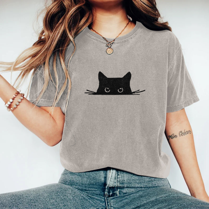 Abstract Creative Embroidered Black Cat Art Print  T-shirt elevenforest