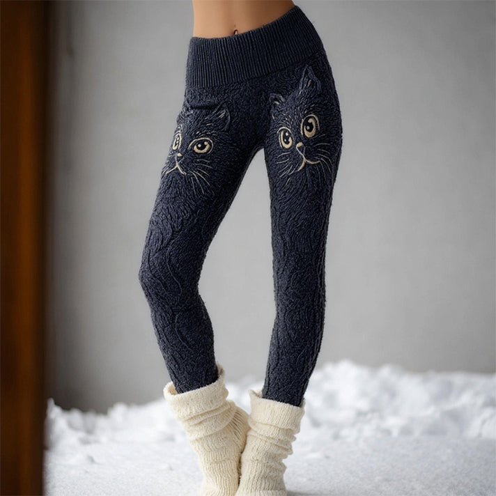 Cute Cat Face Embroidered Comfy Knit Leggings elevenforest