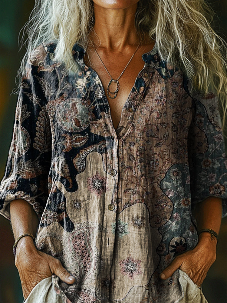 Women's Vintage Ethnic Floral Art Print Casual Cotton Linen Shirt