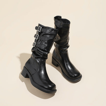 Retro Belt Buckle Booties Western Boots
