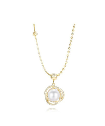 Gold Sterling Silver Overgild Zircon Pearl Pendant Necklace