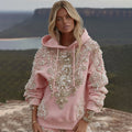 Comstylish Vintage Pink Floral Embroidery Art Casual Hooded