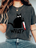 Black Cat with Bloody Knife Vintage Washed T Shirt elevenforest
