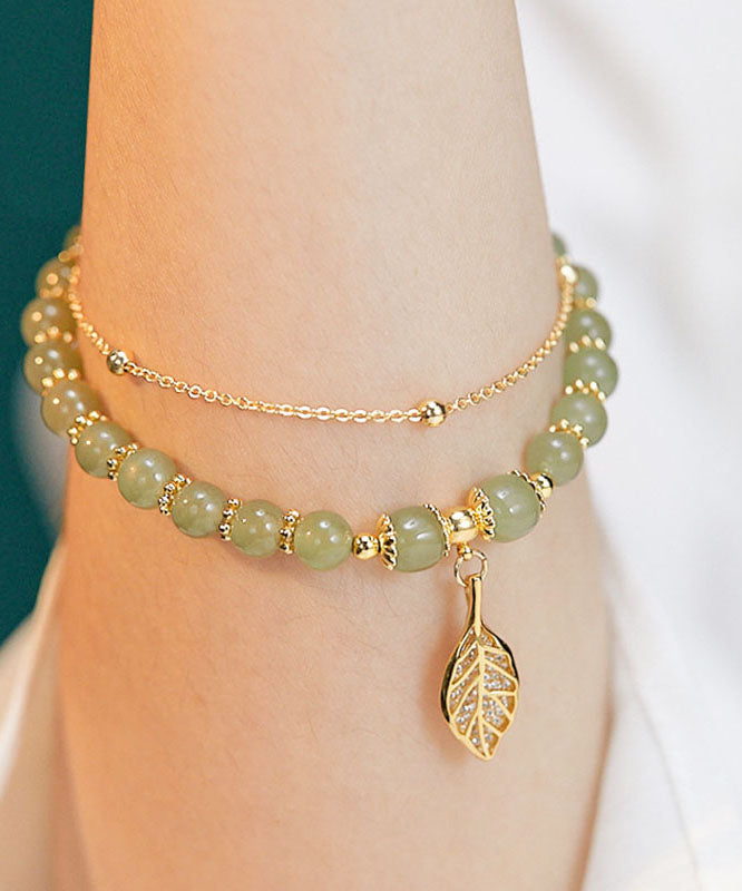 Tanksgiving Day Give Away- Green 18k Gold Inlaid Jade Zircon Leaf Charm Bracelet