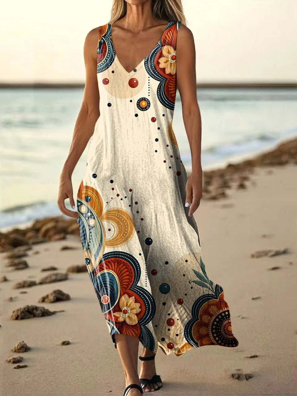 Women's Floral Art Print Pocket Cotton Dresses
