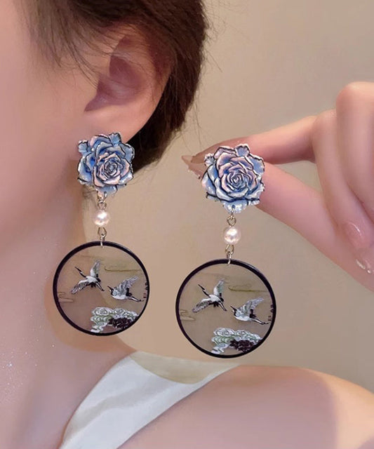 Chinese Style Blue Sterling Silver Pearl Crowned Crane Drop Earrings