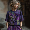 Women's Embroidered Pansy Floral Patchwork Check Short Sleeve T-shirt artswardrobe