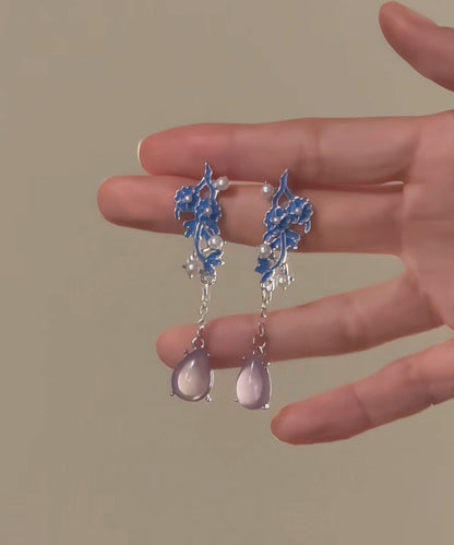 Blue Sterling Silver Pearl Cloisonne Enamel Water Drop Tassel Drop Earrings