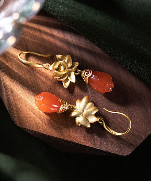 Gold Sterling Silver Overgild Agate Magnolia Flower Drop Earrings