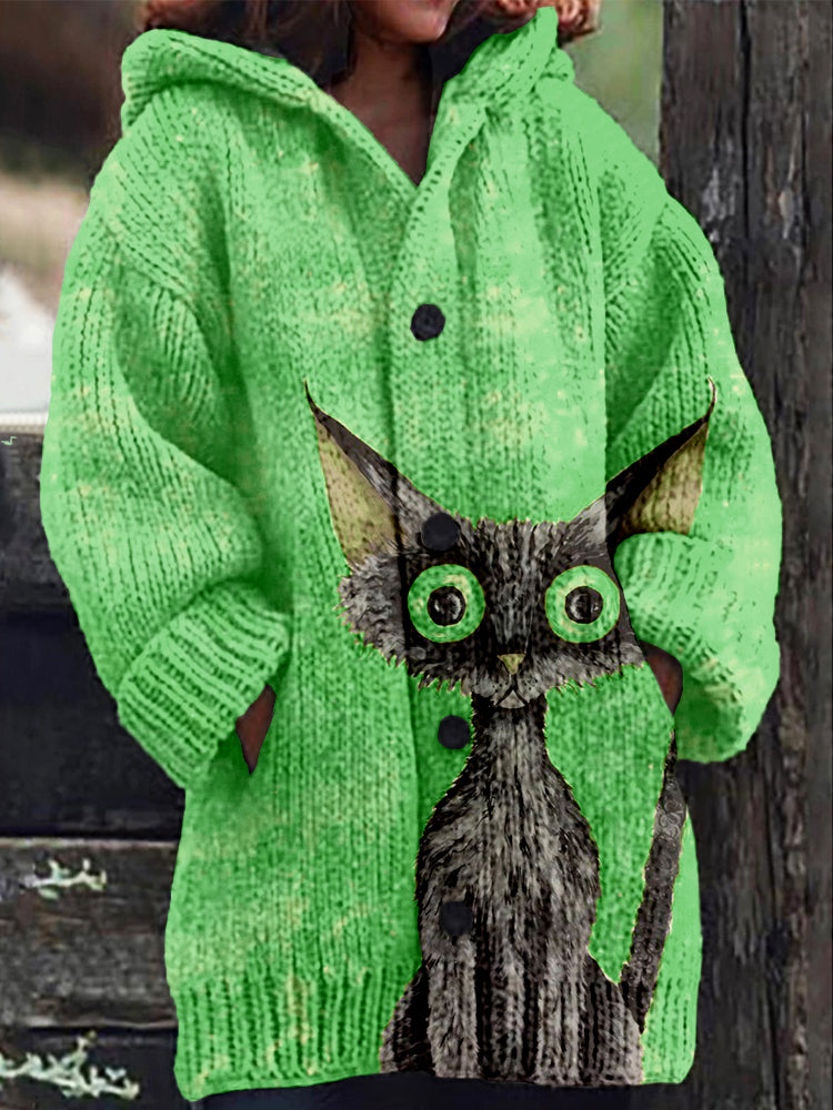 Lovely Black Cat Pattern Cozy Hooded Knit Cardigan elevenforest