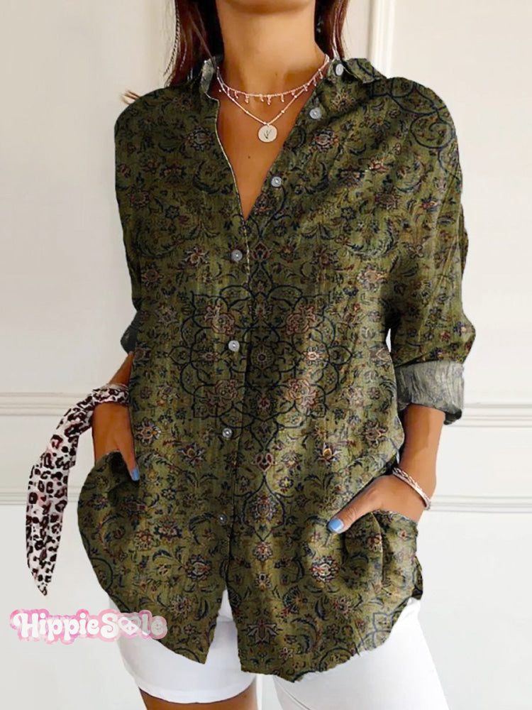 Women's Ethnic Art Print Casual Cotton Shirt