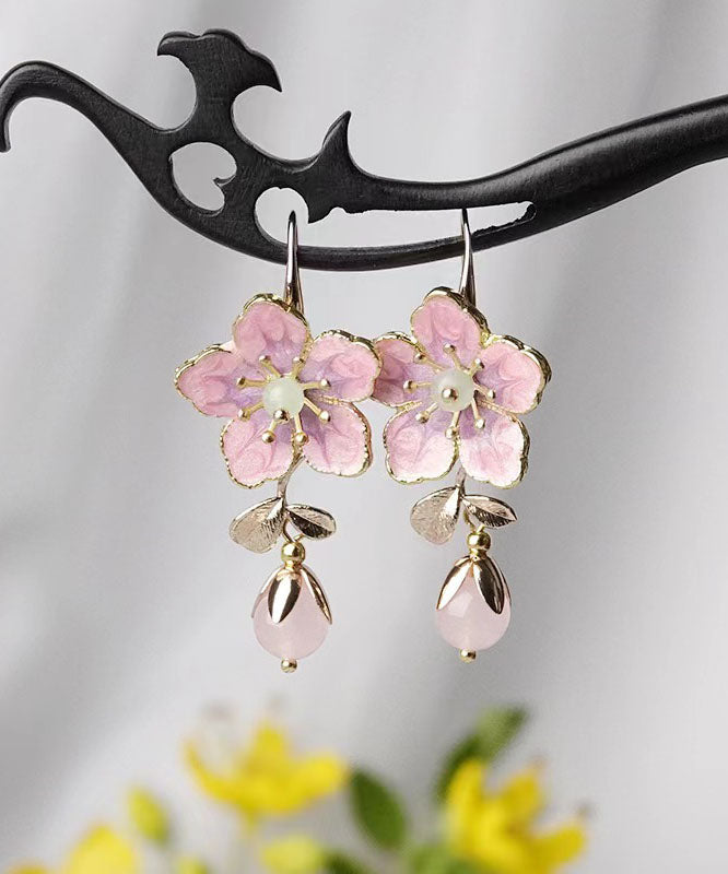 Pink Alloy Inlaid Gem Stone Oil Drip Drop Earrings