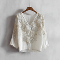 Bohemian Style Woman's V-neck White Rose Short-sleeved Shirt artswardrobe