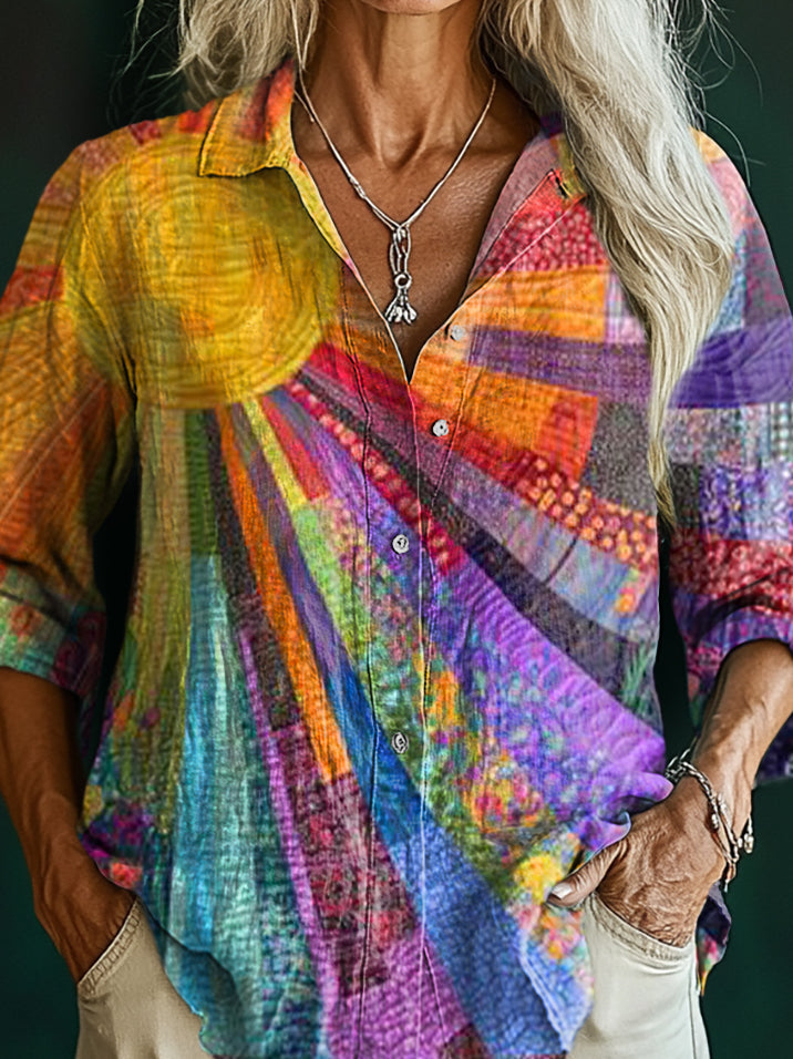 Women's Colorful Sun Collage Art Print Casual Cotton Shirt
