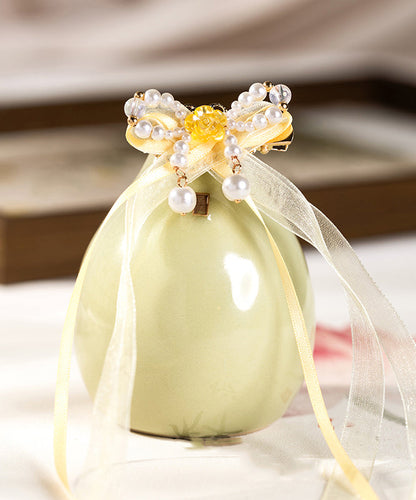 Yellow Copper Alloy Chiffon Pearl Colored Glaze Ribbon Kids Hairpin