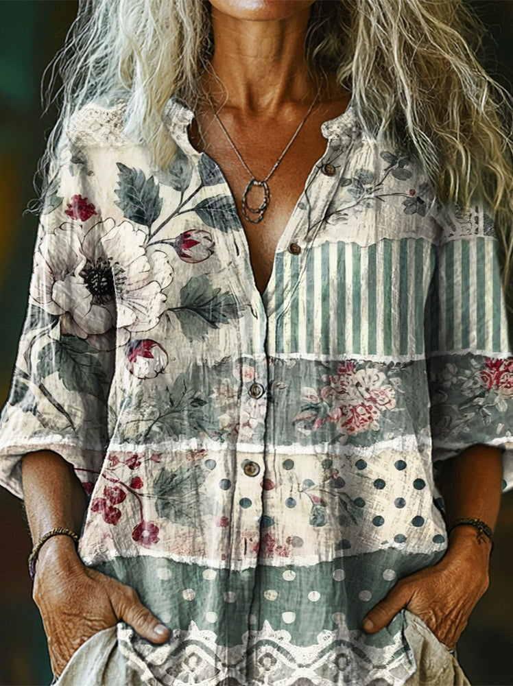 Women's Retro Floral Collage Print Linen And Cotton V-neck Casual Shir