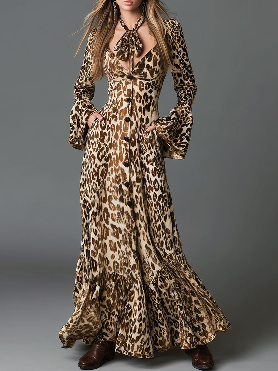 Vintage Leopard Print Khaki Velvet Lace-up Flared Long-sleeved Maxi Dress