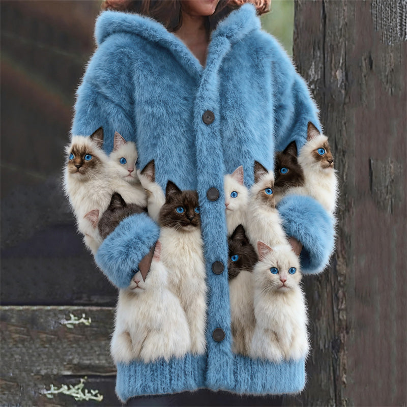 Classy Fuzzy Cats Art Cozy Knit Hooded Cardigan elevenforest