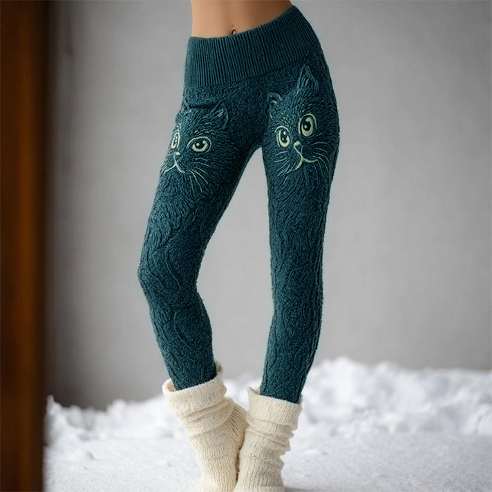 Cute Cat Face Embroidered Comfy Knit Leggings elevenforest