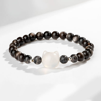 Buddha Stones Natural Silver Sheen Obsidian Cat Head Protection Bracelet