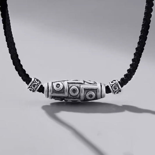 Buddha Stones 999 Sterling Silver Nine-eye Dzi Bead Pattern Protection Rope Necklace Pendant