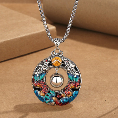 Buddha Stones Year of the Dragon Colorful Double Dragons Playing Bead Copper Protection Necklace Pendant