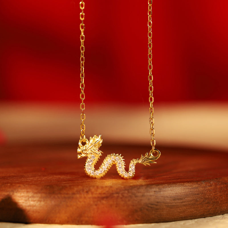 Buddha Stones 925 Sterling Silver Year of the Dragon Auspicious Golden Dragon Luck Chain Necklace Pendant