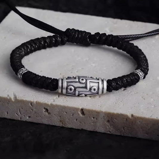 Buddha Stones 999 Sterling Silver Nine-eye Dzi Bead Pattern Blessing Rope Bracelet