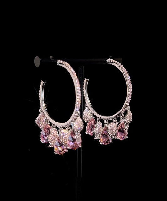 Pink Copper Overgild Zircon Tassel Hoop Earrings
