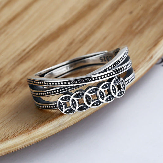 925 Sterling Silver Copper Coins Wealth Blessing Adjustable Spiritual Ring