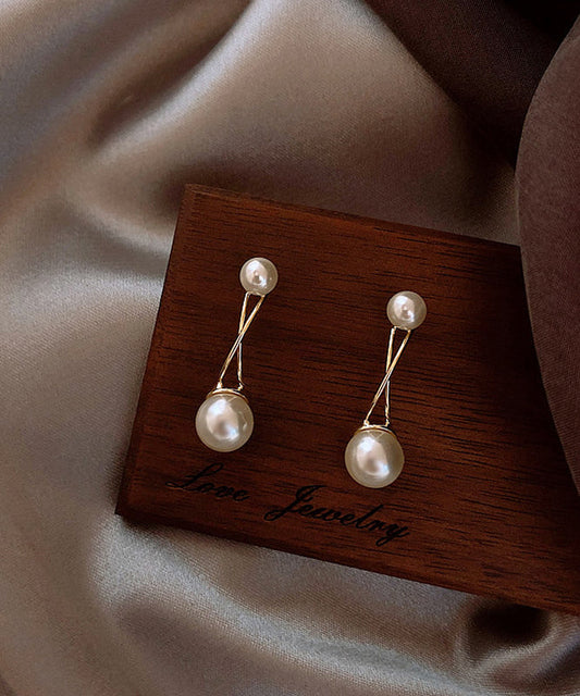Gold Metal Overgild Pearl Cross Connection Stud Earrings