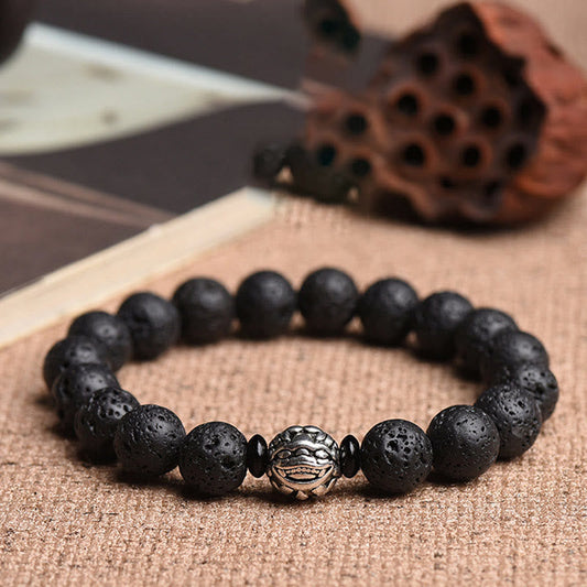 Buddha Stones Lava Rock Beads White Copper Pixiu Wealth Bracelet