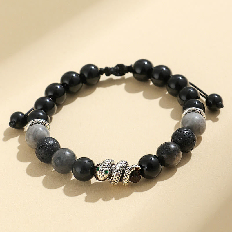 Buddha Stones Black Onyx Black Glitter Stone White Agate White Turquoise Year of the Snake Protection Bracelet
